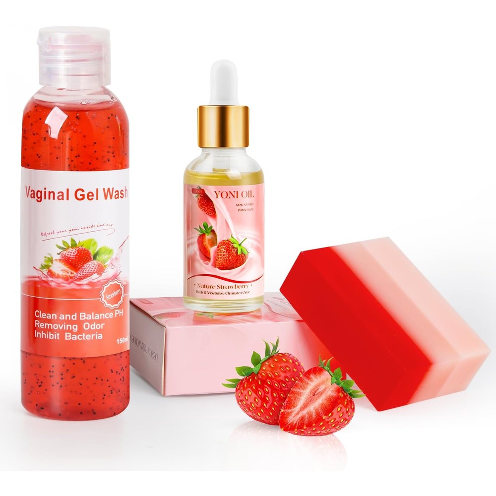 BASSI Feminine Wash Yoni Oil and Soap Set front view with strawberry packaging.