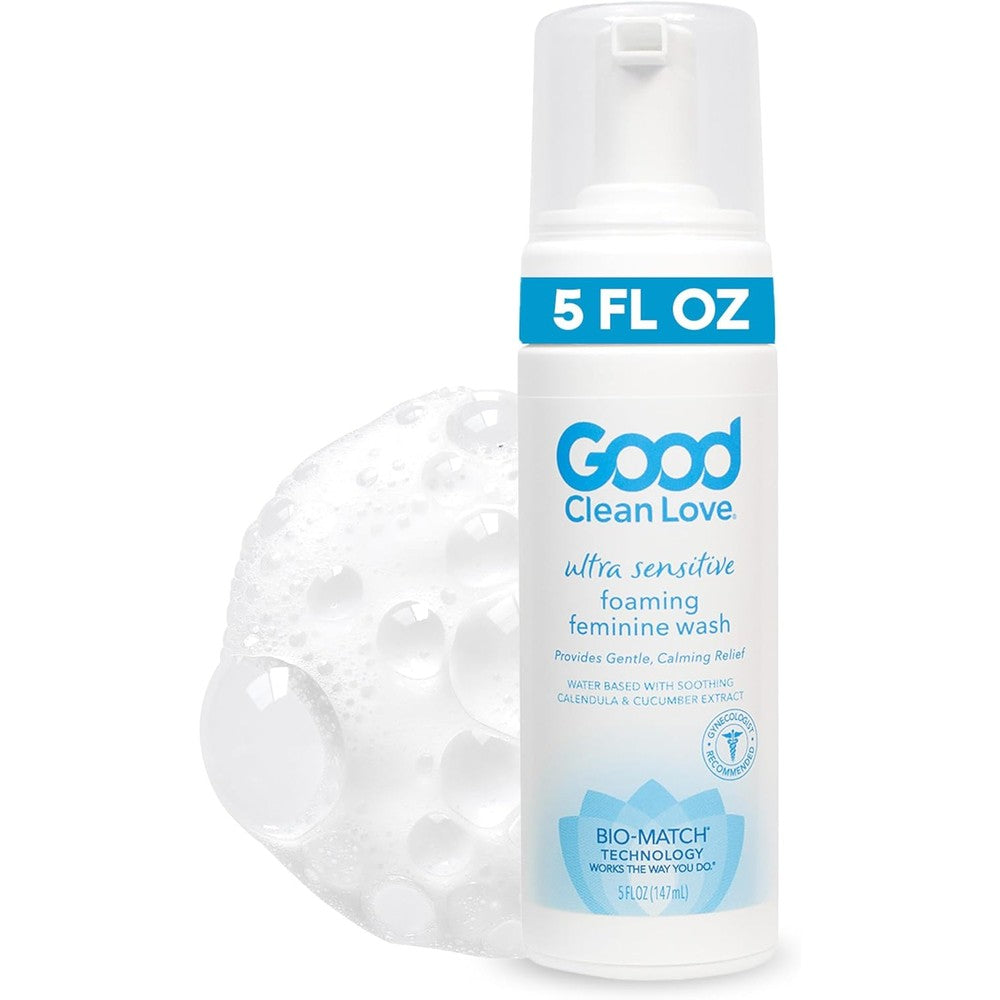 Good Clean Love Ultra Sensitive Foaming Feminine Wash front bottle view for intimate hygiene.
