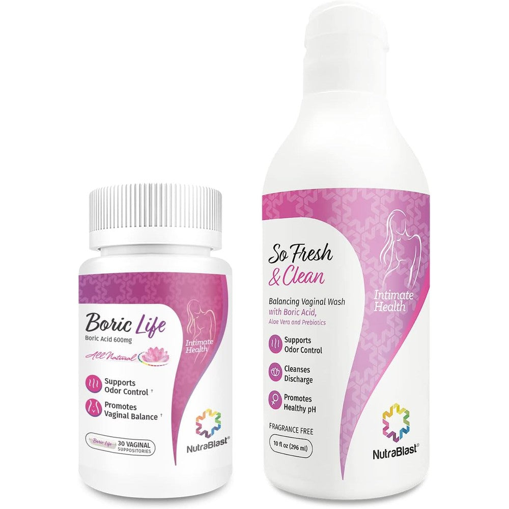 NutraBlast Boric Acid Suppositories and So Fresh and Clean Wash bundle front view for feminine hygiene.