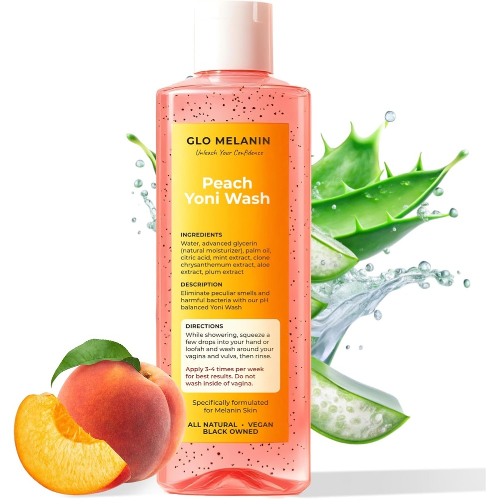 Glo Melanin Peach Yoni Wash front view showing 100% natural label.
