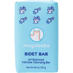 Megababe Bidet Bar front view of the pH balanced cleansing bar packaging.