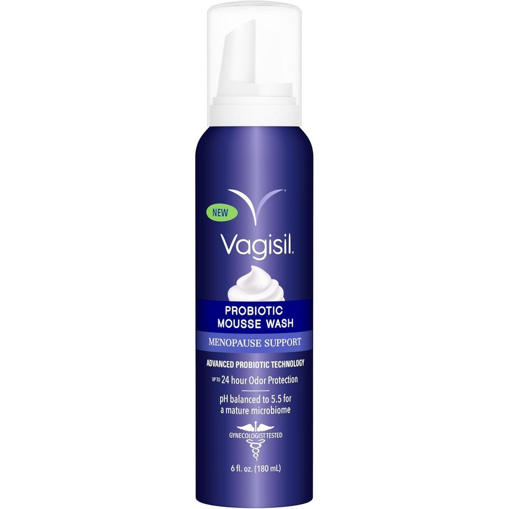 Vagisil Menopause Support Probiotic Mousse Wash 6 Ounce bottle front view for intimate hygiene