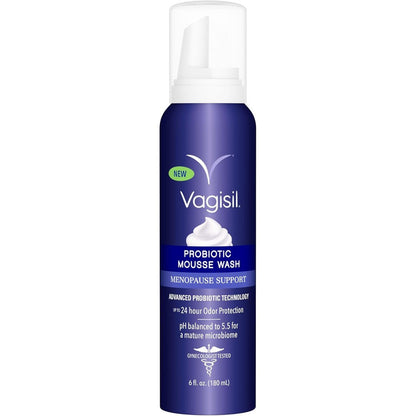 Vagisil Menopause Support Probiotic Mousse Wash 6 Ounce bottle front view for intimate hygiene