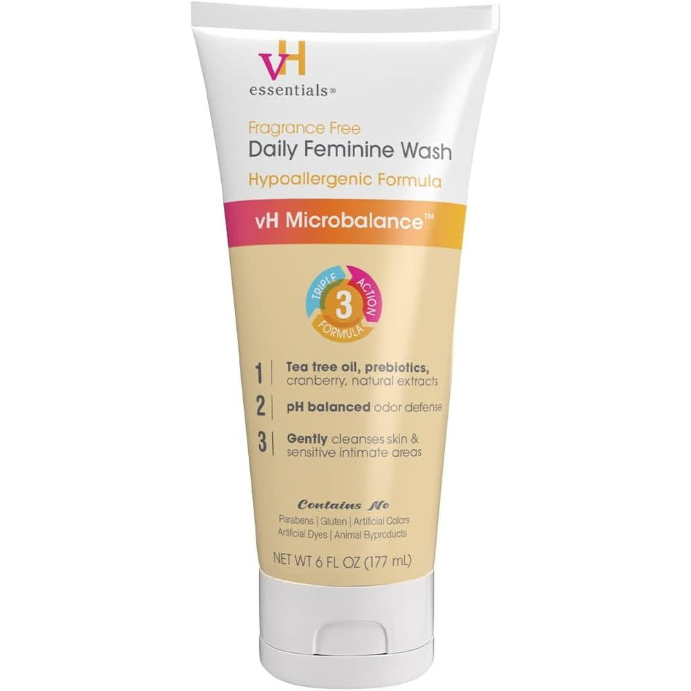vH Essentials Daily Feminine Wash front view of 6 ounce bottle for pH balance.