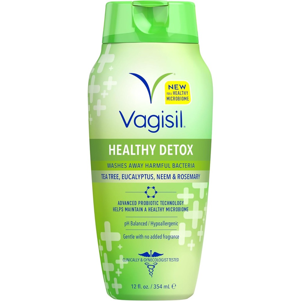 Vagisil Healthy Detox All Over Body Wash front view of 12 fluid ounce bottle for feminine hygiene.