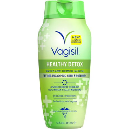 Vagisil Healthy Detox All Over Body Wash front view of 12 fluid ounce bottle for feminine hygiene.