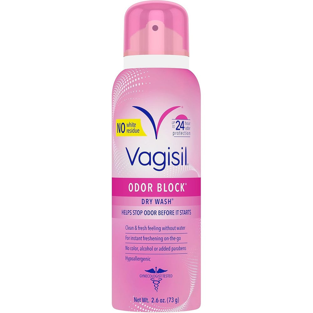 Vagisil Odor Block Dry Wash Spray front view feminine deodorant