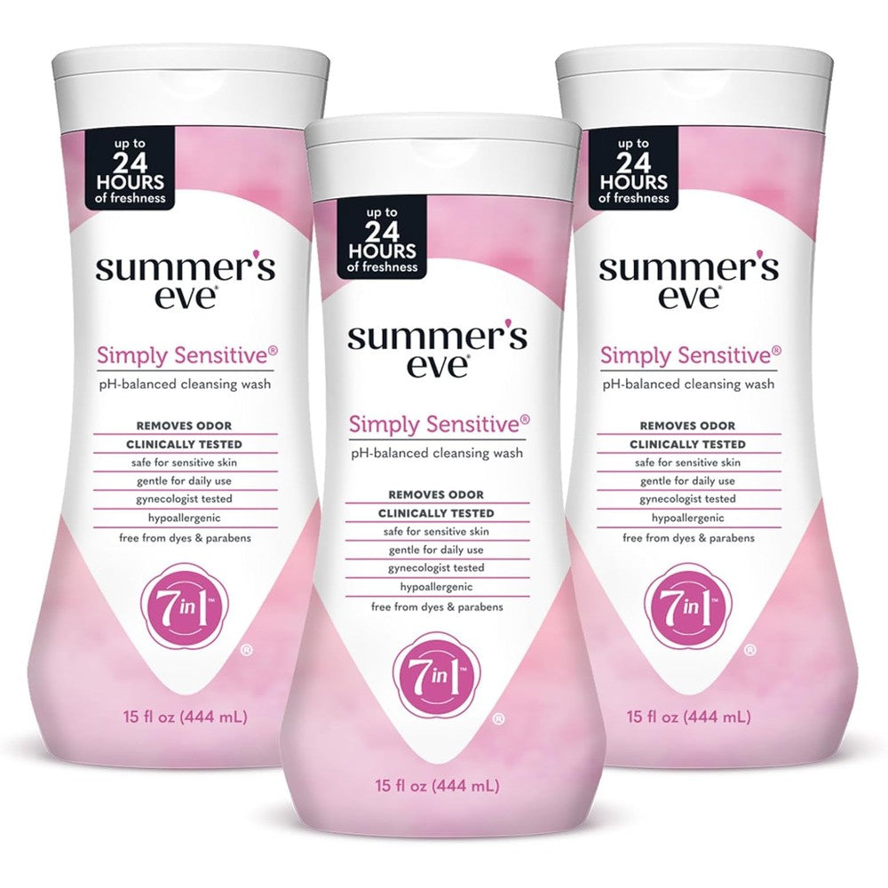 Summer's Eve Simply Sensitive Feminine Wash front view of three bottle pack