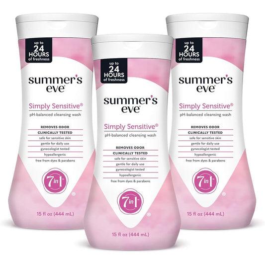 Summer's Eve Simply Sensitive Feminine Wash front view of three bottle pack