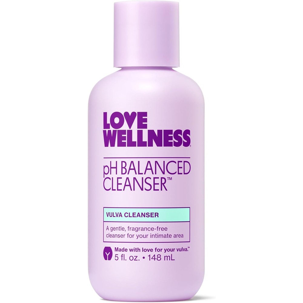 Love Wellness pH Balancing Cleanser front view of lavender bottle for intimate health.