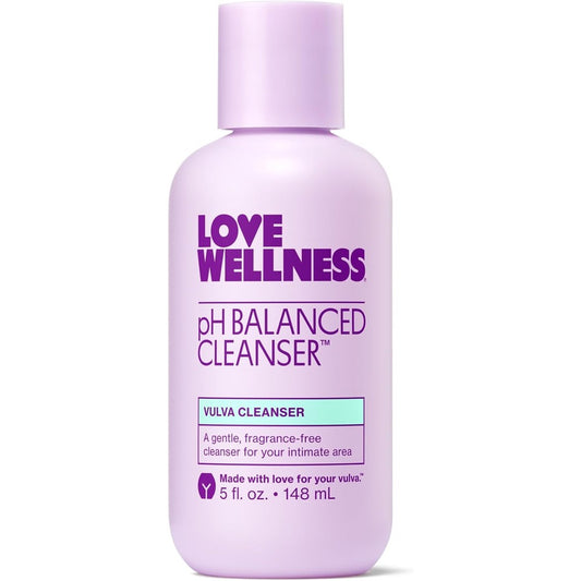 Love Wellness pH Balancing Cleanser front view of lavender bottle for intimate health.