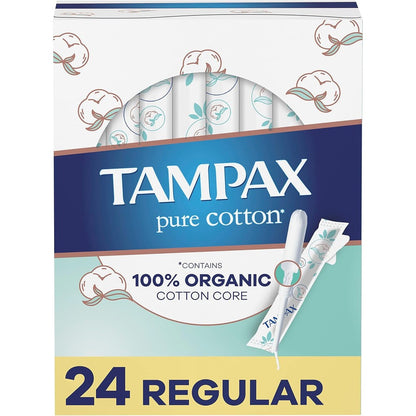 Tampax Pure Cotton Tampons 24 count front packaging showing organic cotton certification.