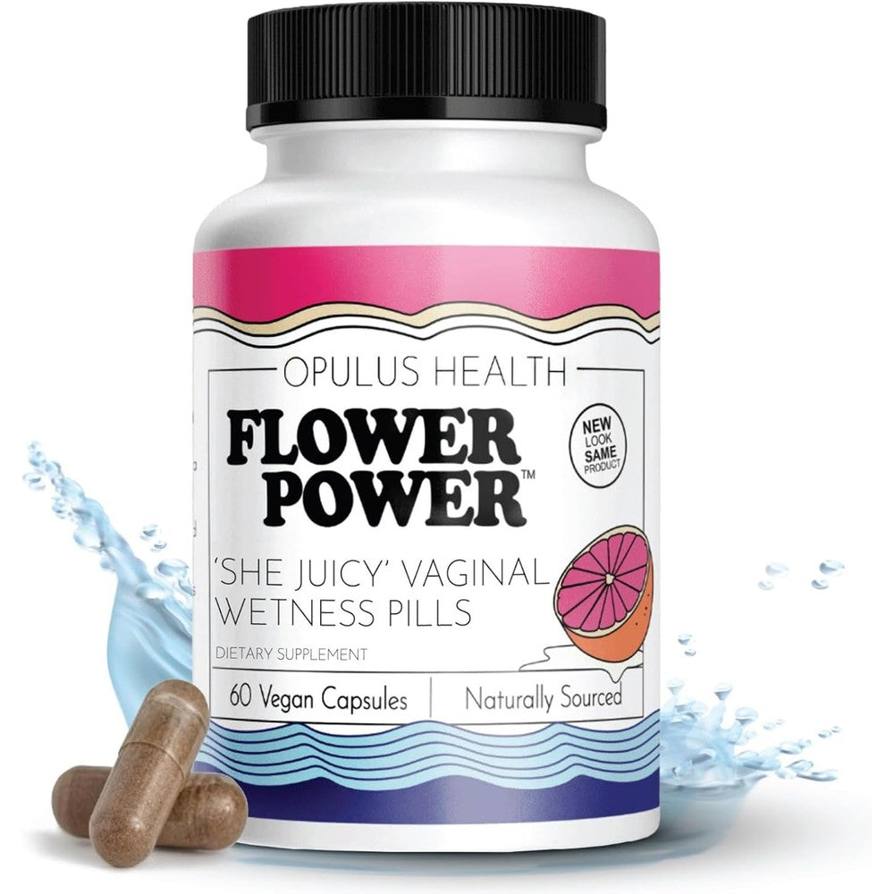 Flower Power She Juicy 60 capsules front view for feminine dryness relief.