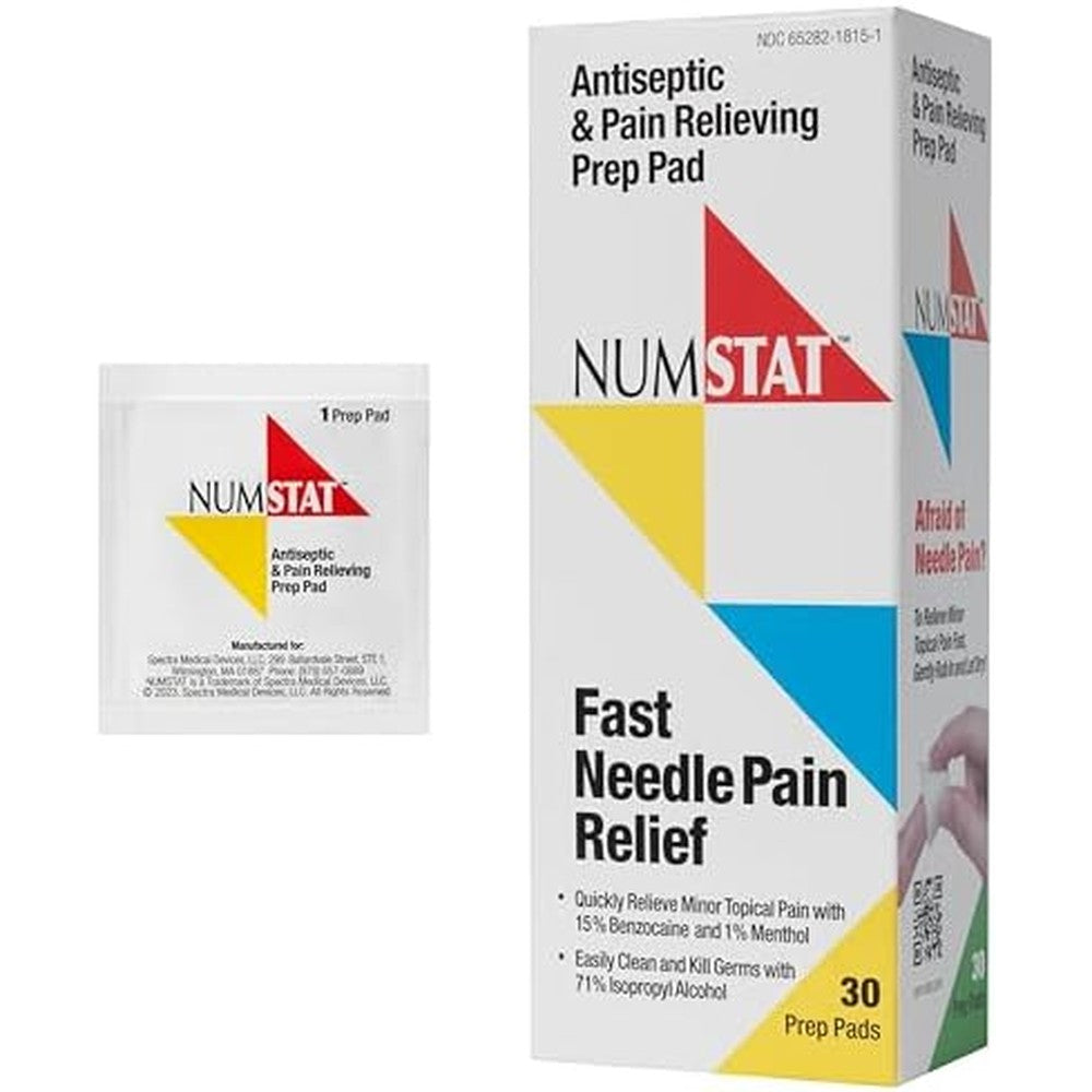 NUMSTAT Antiseptic Numbing Wipes front view of 30 prep pads box