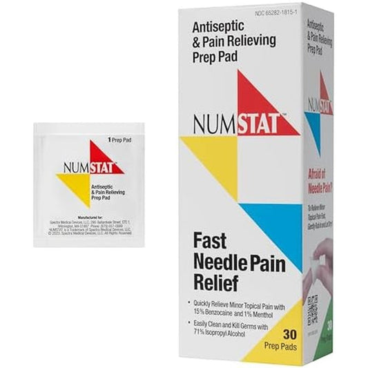 NUMSTAT Antiseptic Numbing Wipes front view of 30 prep pads box