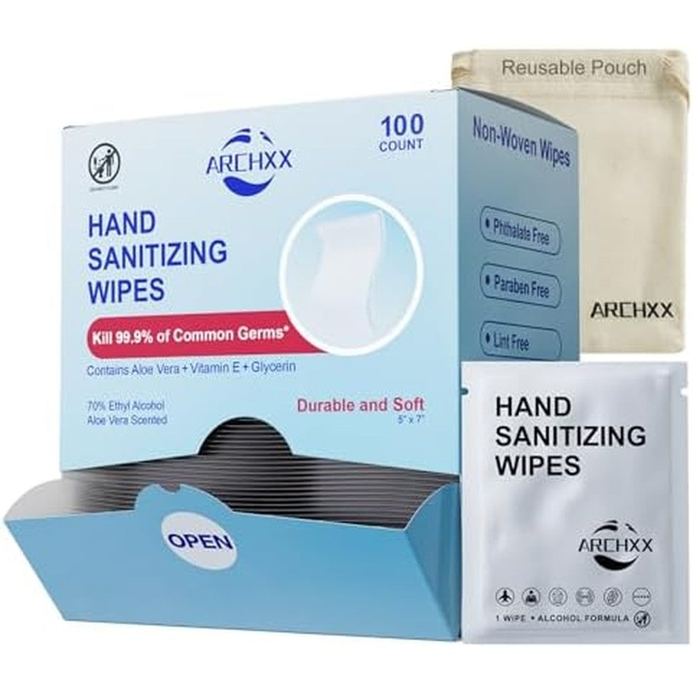 ARCHXX Cotton-Like Softness Hand Sanitizer Wipes, 100 Count, Antibacterial Hand Wipes Individually Wrapped, 70% Alcohol, Travel Size, Sanitizing for Home, Office & Outdoor, Aloe Vera Scent