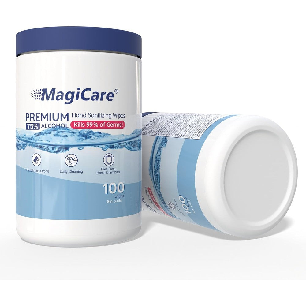 MagiCare 75% Large Alcohol Wipes (2 Canisters) - Hand Sanitizing Wipes - Hand Sanitizer Wipe, Unscented, Premium - Home, Classroom, Camping - 2, 100ct Canisters (200pcs)