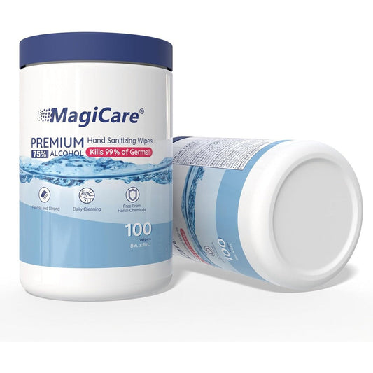 MagiCare 75% Large Alcohol Wipes (2 Canisters) - Hand Sanitizing Wipes - Hand Sanitizer Wipe, Unscented, Premium - Home, Classroom, Camping - 2, 100ct Canisters (200pcs)