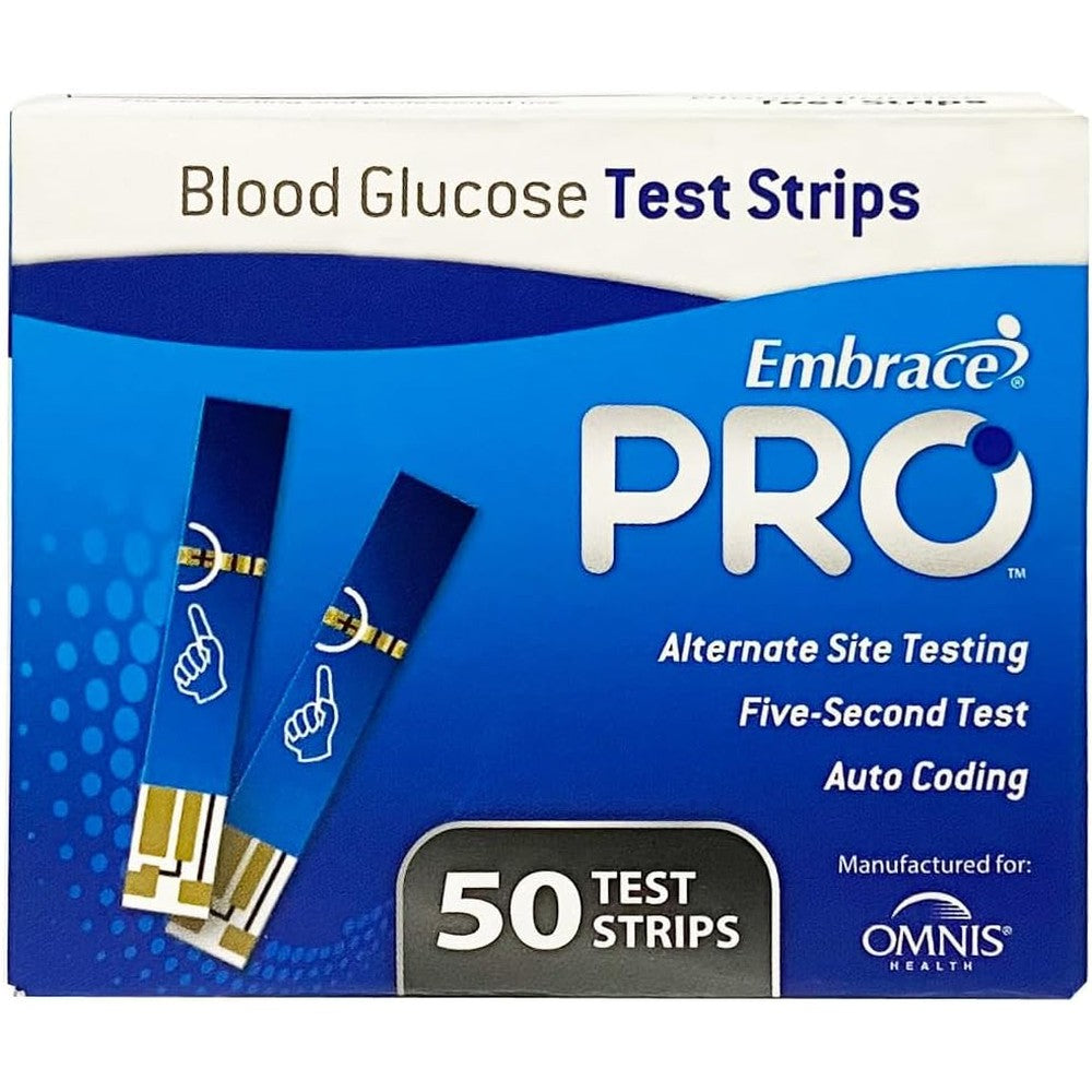Embrace EmbracePRO Blood Glucose Test Strips 50 Count Vial front view showcasing authentic medical packaging.
