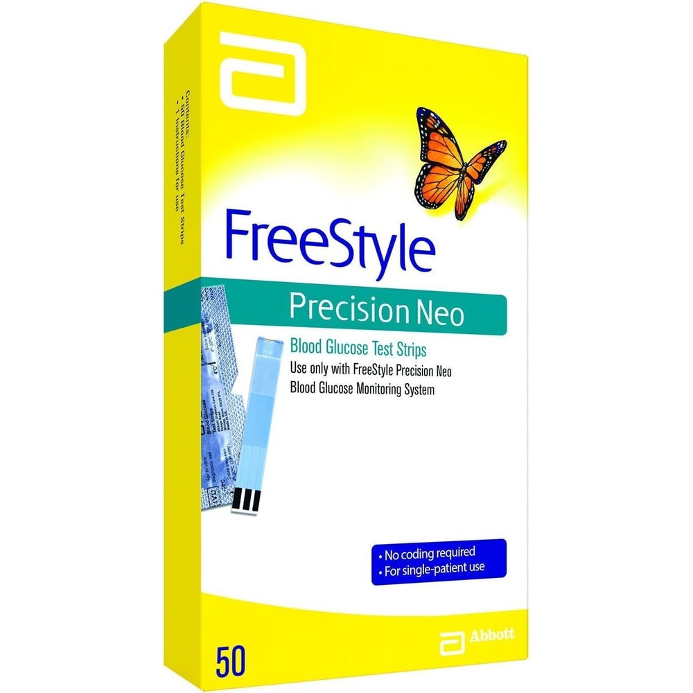 FreeStyle Precision Neo Blood Glucose Test Strips front view packaging for accurate diabetes monitoring.