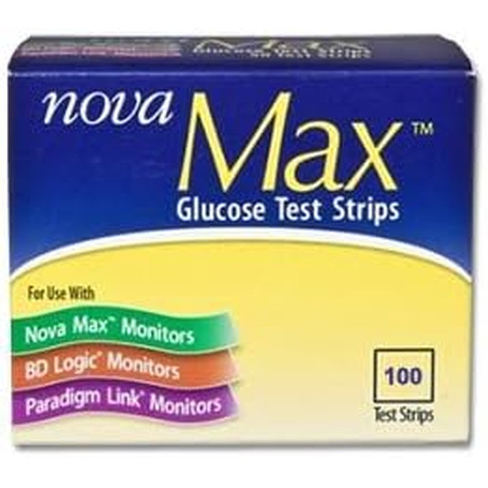 Nova Max Glucose Test Strips Box of 100 front view package showing diabetes blood sugar monitor compatibility info