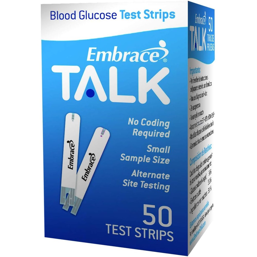 Embrace Talk Blood Glucose Test Strips 50 Count box front view for diabetes blood sugar monitoring