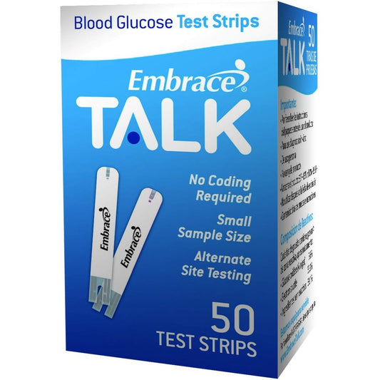 Embrace Talk Blood Glucose Test Strips 50 Count box front view for diabetes blood sugar monitoring