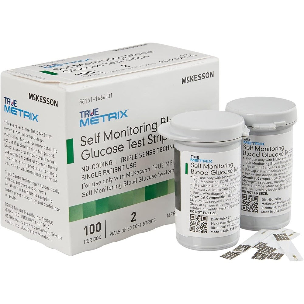 McKesson True Metrix blood glucose test strips one hundred count box front view showing packaging details.