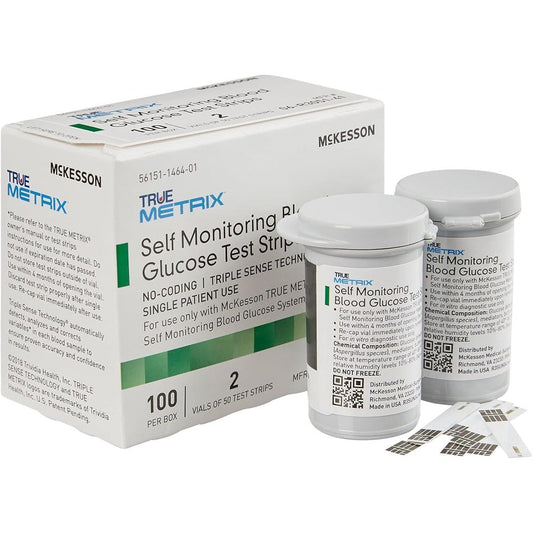 McKesson True Metrix blood glucose test strips one hundred count box front view showing packaging details.