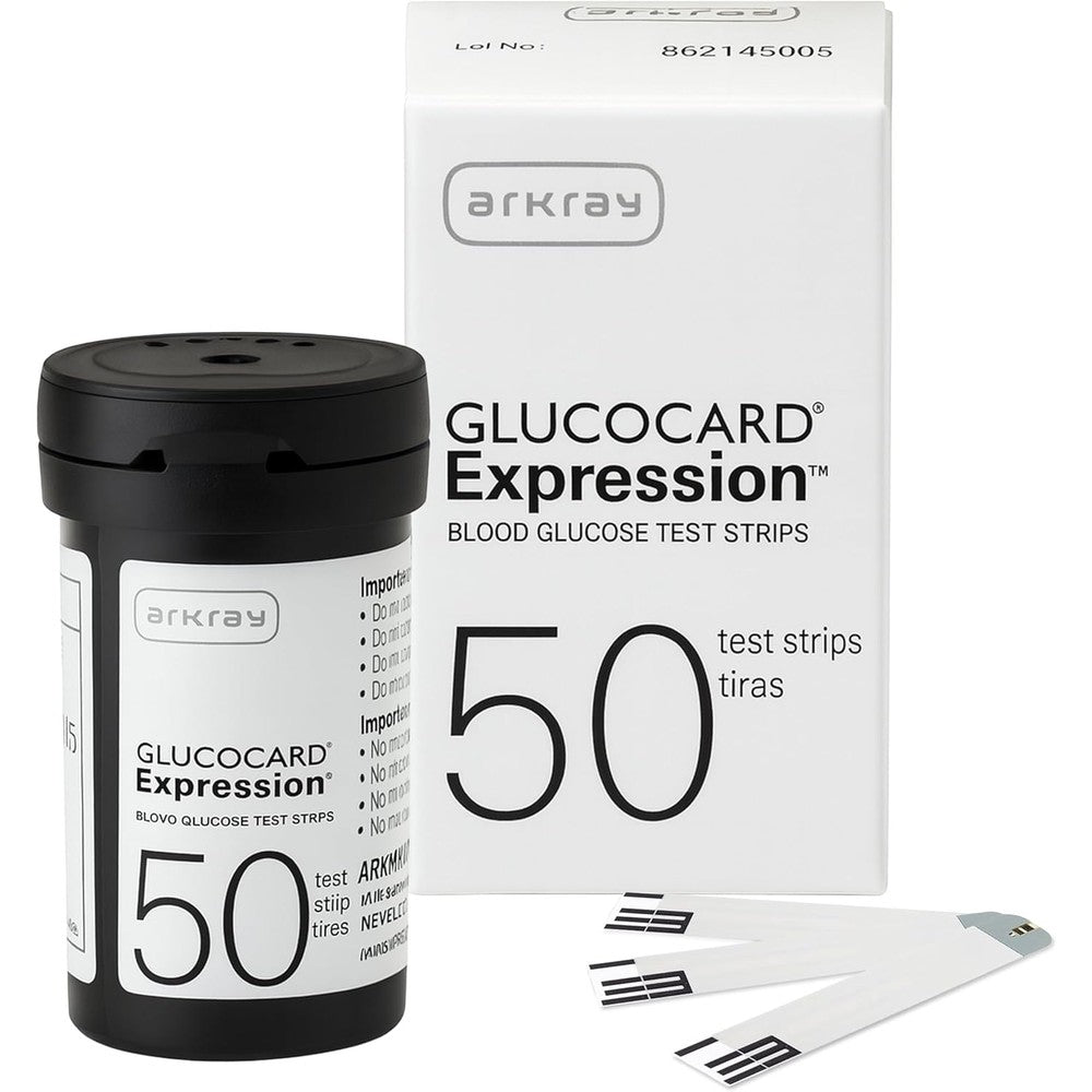 Arkray Glucocard Expression Blood Glucose Test Strips front packaging showing fifty count size.