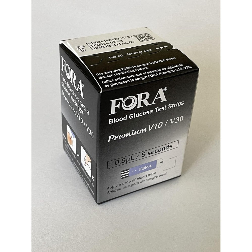 FORA Premium V10 V30 G30 blood glucose test strips 50 count box front view for precise blood sugar monitoring