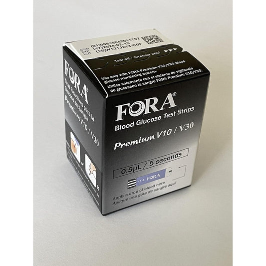 FORA Premium V10 V30 G30 blood glucose test strips 50 count box front view for precise blood sugar monitoring