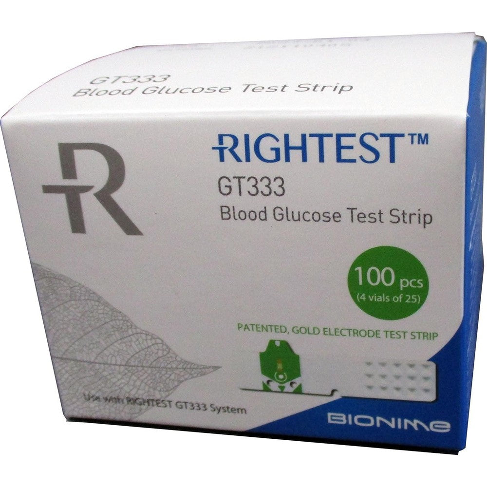 BIONIME RIGHTEST GT333 blood glucose test strips box front view for accurate diabetes monitoring