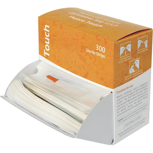 KASHSURG Fluoro Touch Ophthalmic Strips 300 Count front box view for diagnostic eye examinations
