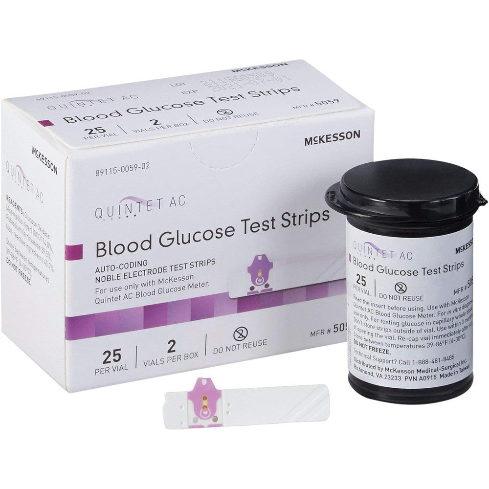 McKesson Quintet AC Blood Glucose Test Strips fifty count box front view showing product branding.
