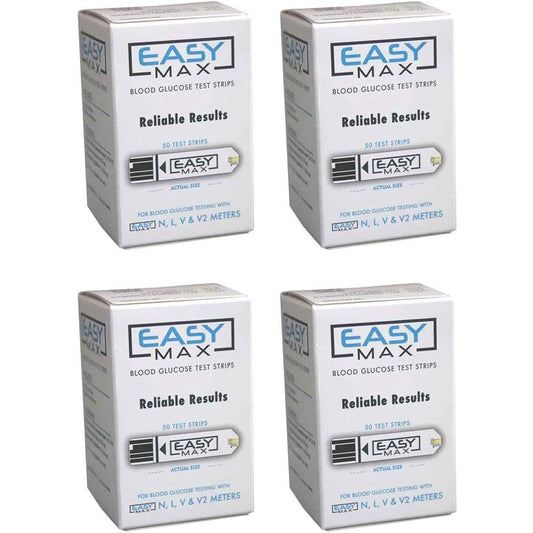 EasyMax Blood Glucose Test Strips front packaging view showing four boxes
