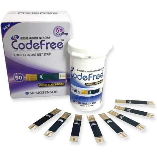 SD Biosensor Codefree Blood Glucose Test Strips front packaging view showing 100 count box