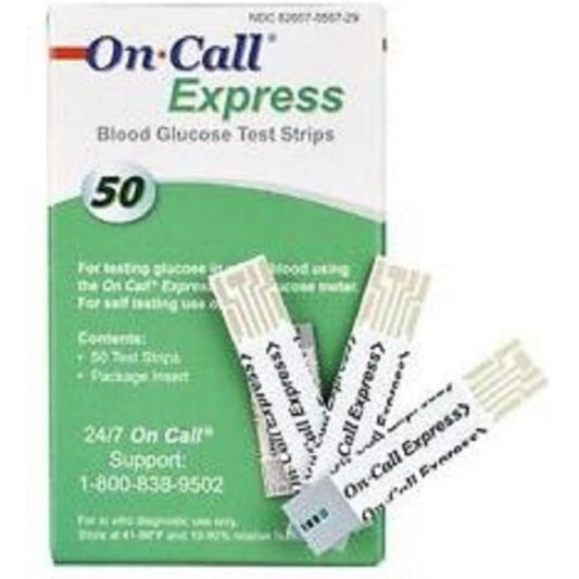 On Call Express Blood Glucose Test Strips front view of the value bundle packaging for accurate diabetes management.