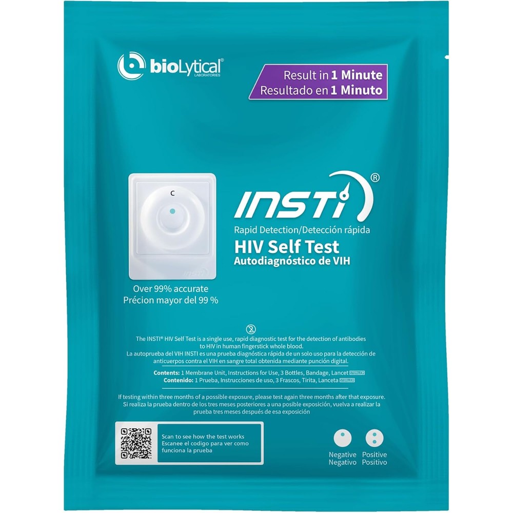 INSTI HIV Self Test kit packaging front view showing one minute result benefit
