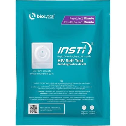 INSTI HIV Self Test kit packaging front view showing one minute result benefit
