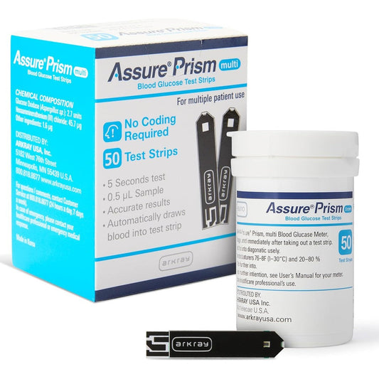 Arkray Assure Prism Multi Blood Glucose Test Strips 50 Count box packaging front view for accurate diabetes monitoring.