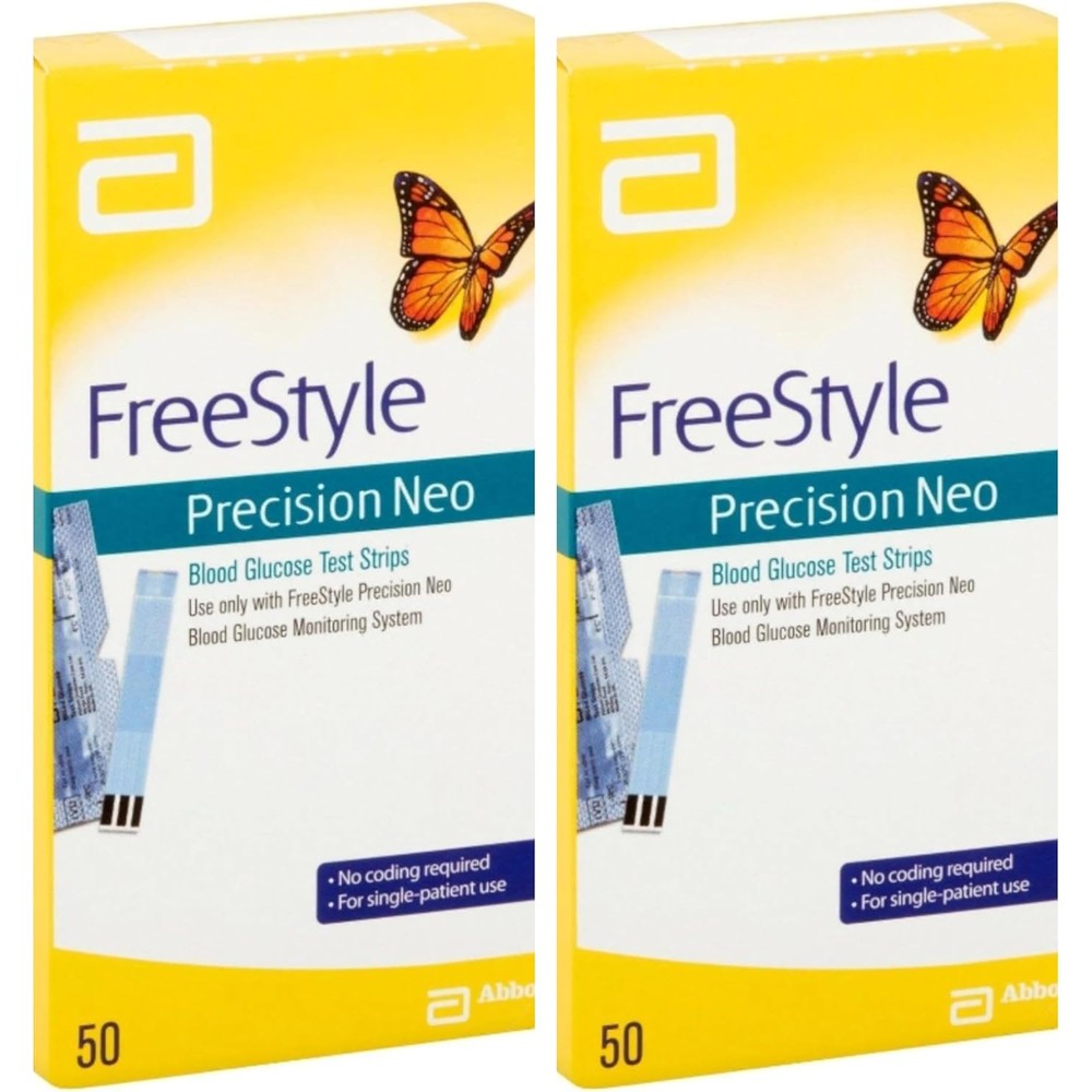 Abbott FreeStyle Precision Neo Blood Glucose Test Strips 100 Count box front view for accurate diabetes monitoring.
