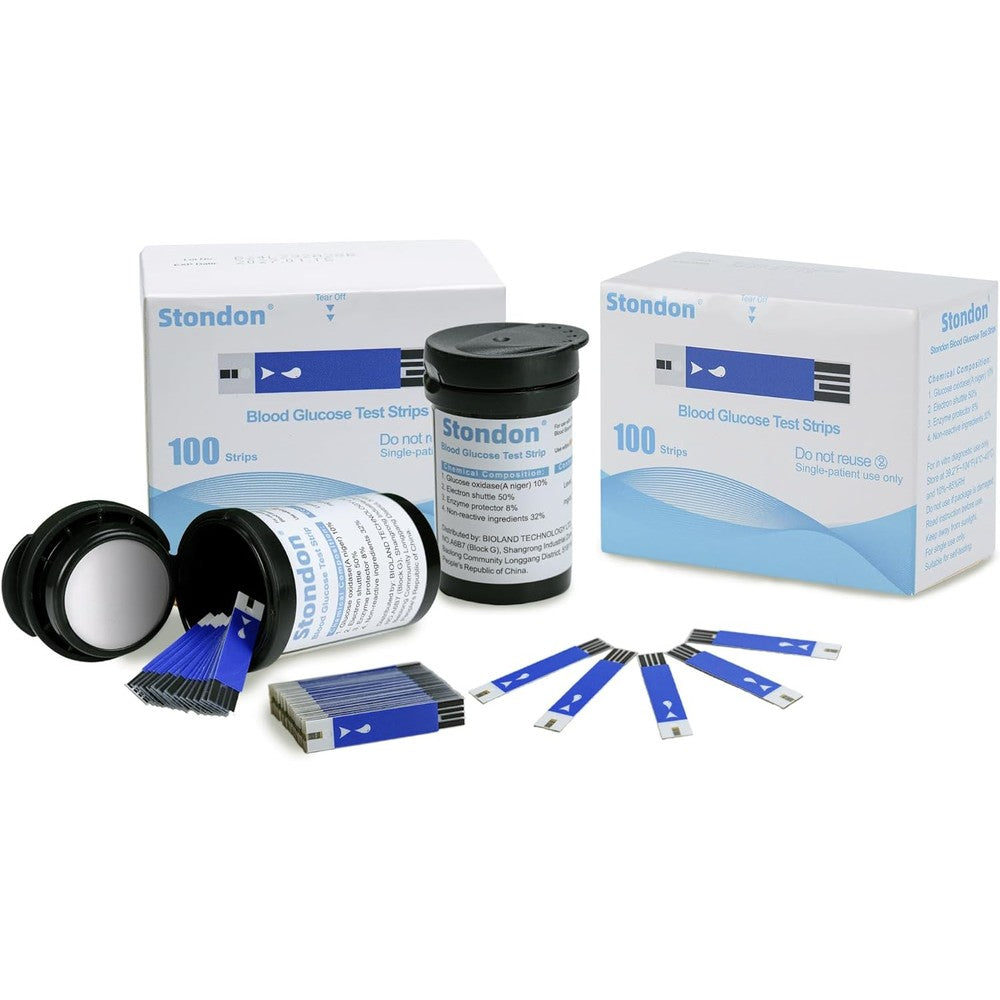 Stondon blood glucose test strips and lancets combo pack front view for diabetes monitoring.