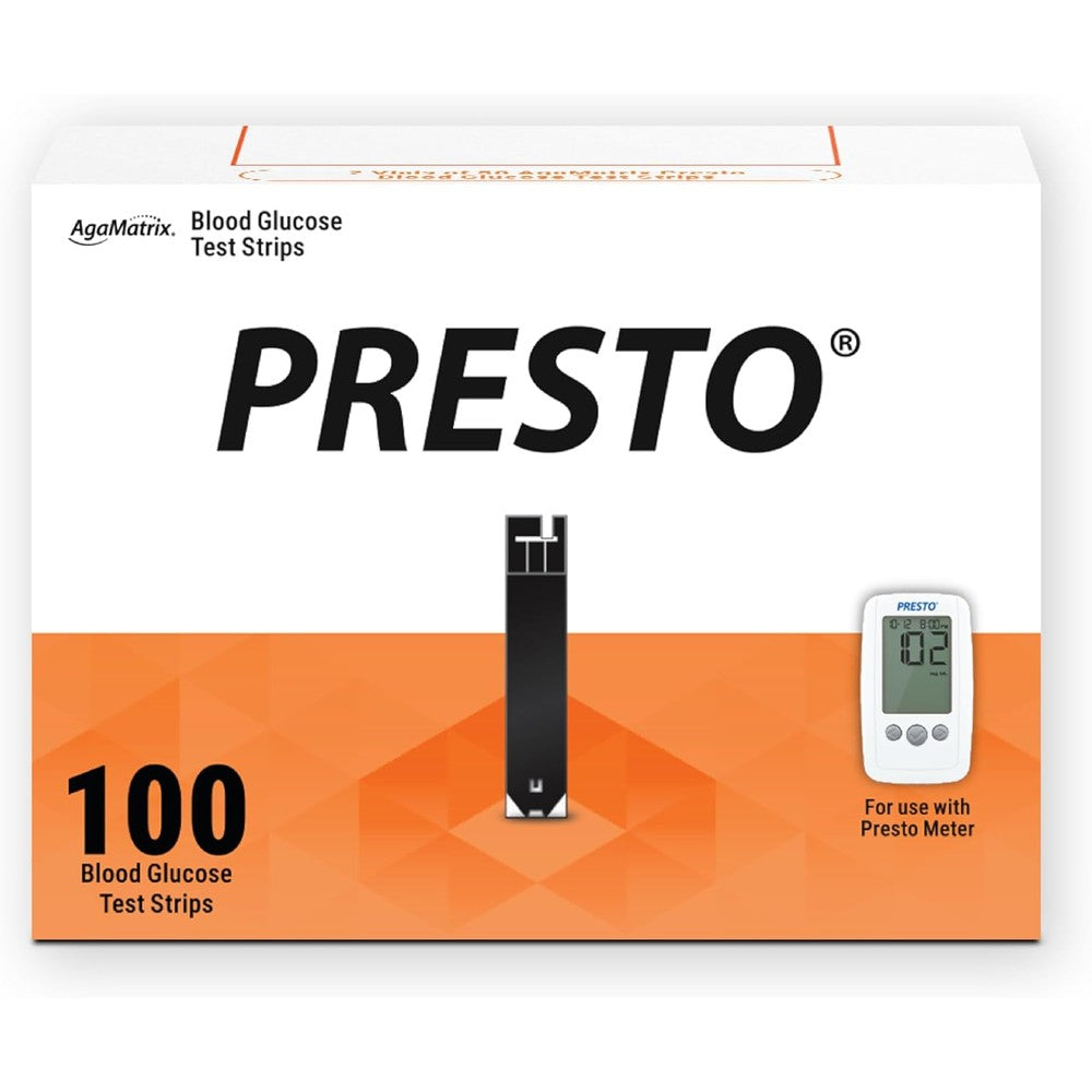AgaMatrix Presto Blood Glucose Test Strips box front view for authentic diabetes monitoring.