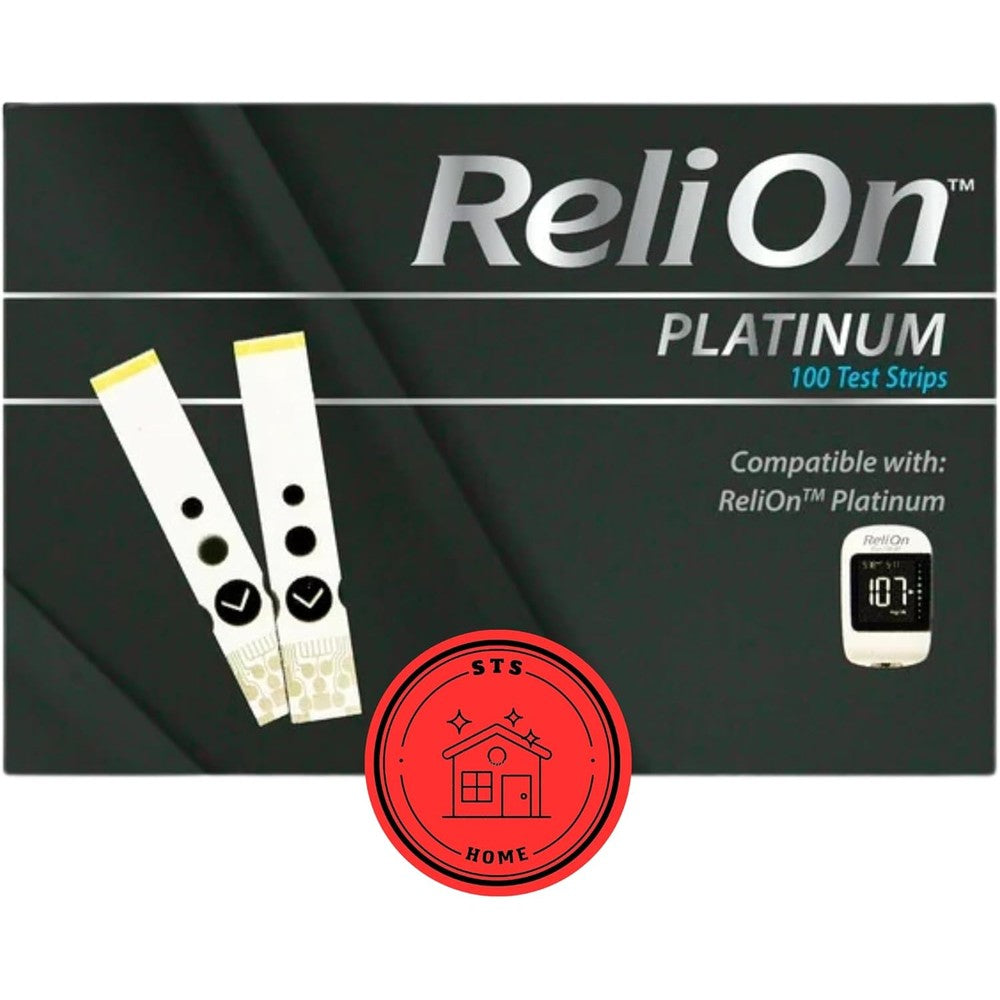 STS Home ReliOn Platinum Blood Glucose Test Strips 100 count front view packaging for diabetes management.