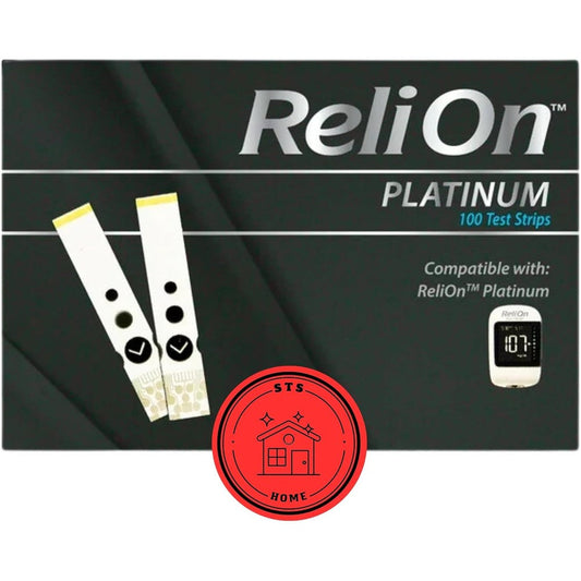 STS Home ReliOn Platinum Blood Glucose Test Strips 100 count front view packaging for diabetes management.