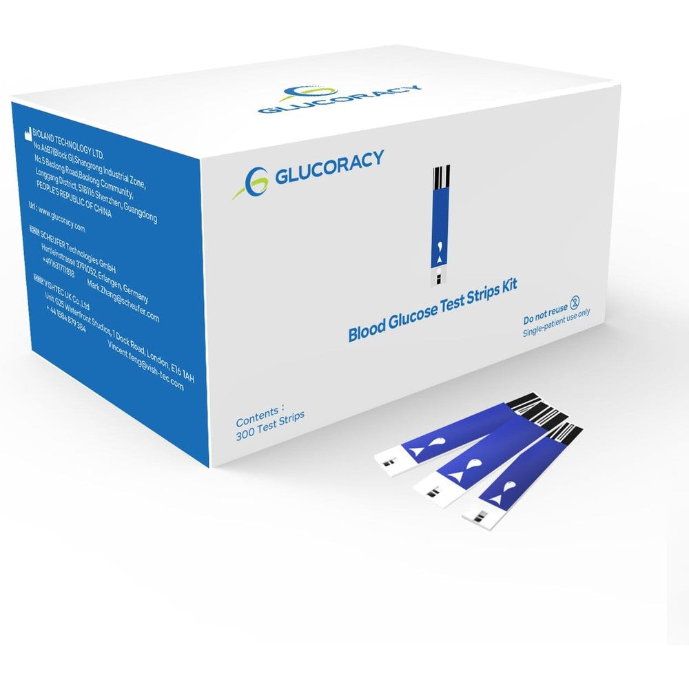 Glucoracy blood glucose test strips three hundred pack front view