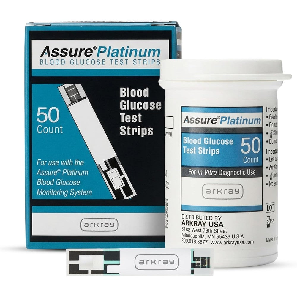 Assure Platinum blood glucose test strips box front view for accurate diabetes monitoring