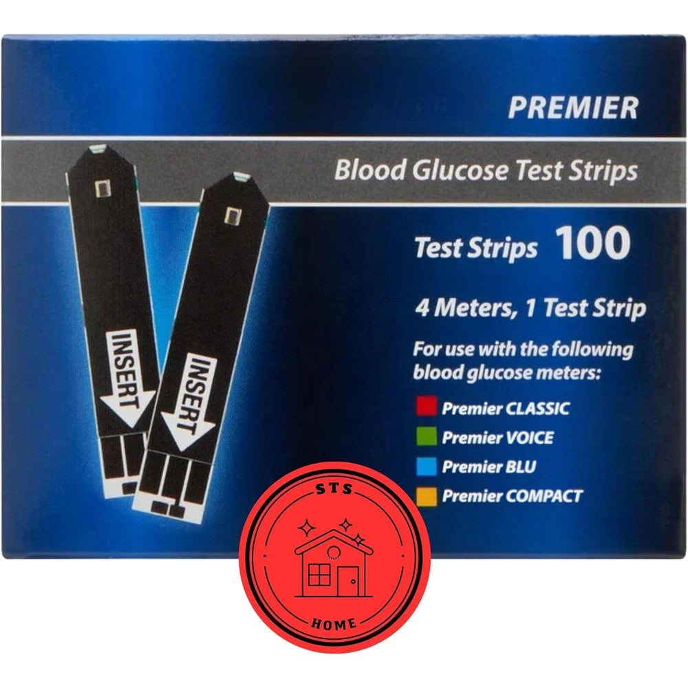 STS Home Premier blood glucose test strips 100 count front box package view for diabetes tracking.