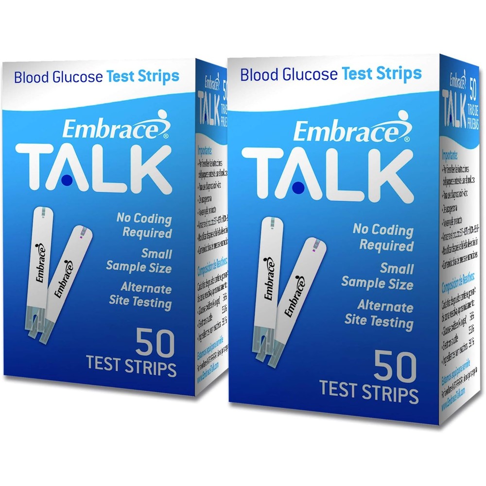 Omnis Health Embrace Blood Glucose Test Strips 100 Count front box view for diabetic blood sugar monitoring